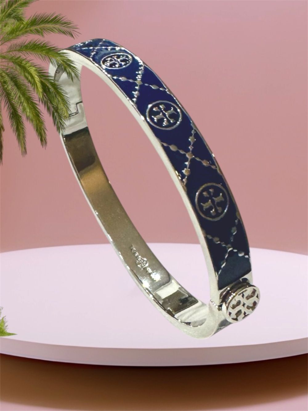 TORY BURCH T LOGO HINGE BLUE ENAMEL BRACELET